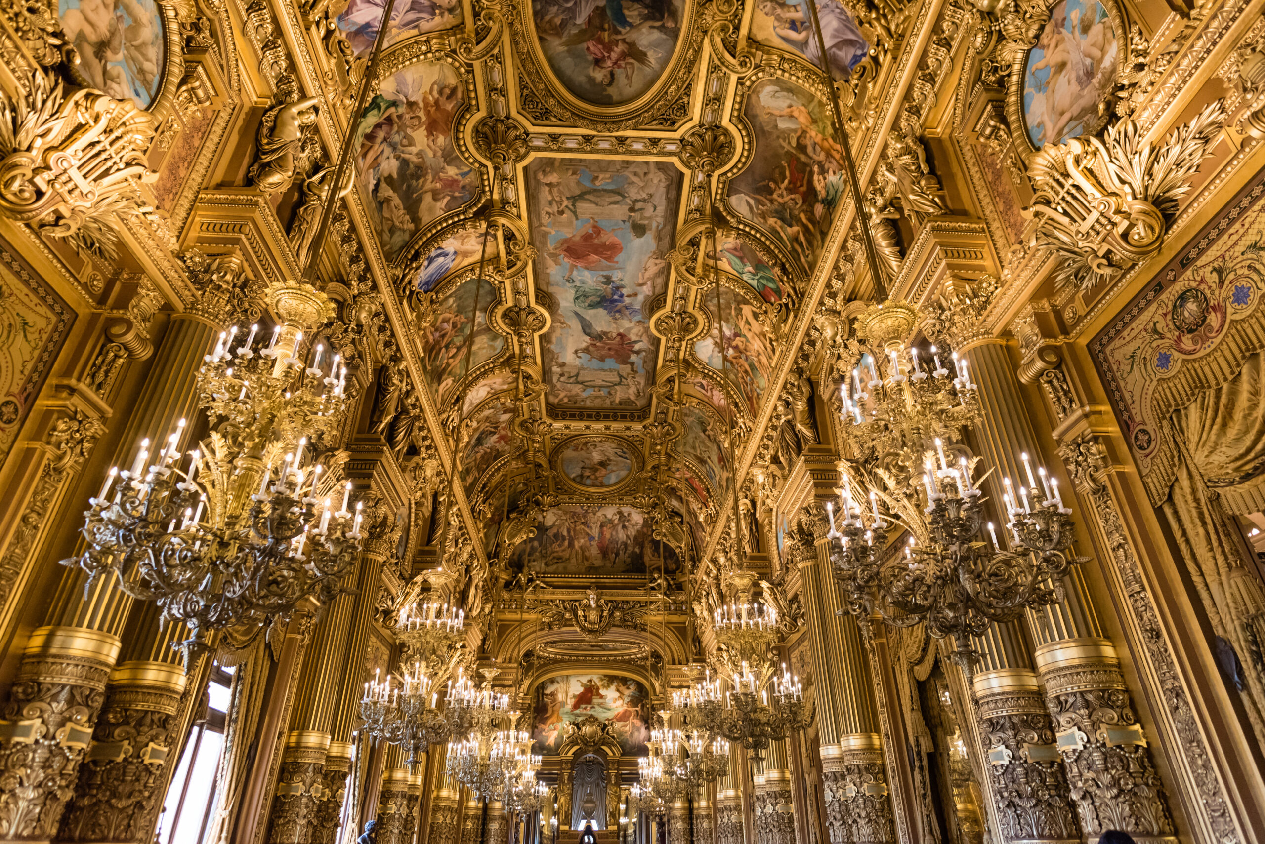 Ornate ceilings of the grand foyer of Palais Garnier, opera of P